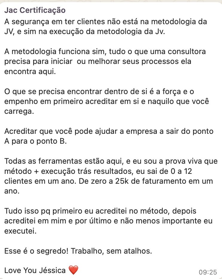 Depoimento real de uma consultora formada pela JV
